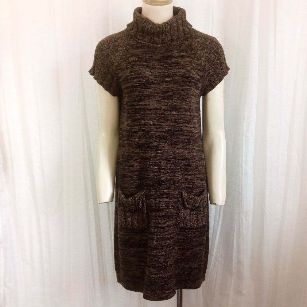 Calvin Klein Sweater Dress Cowl Neck sz M Pockets Short Sleeve knit Black Brown